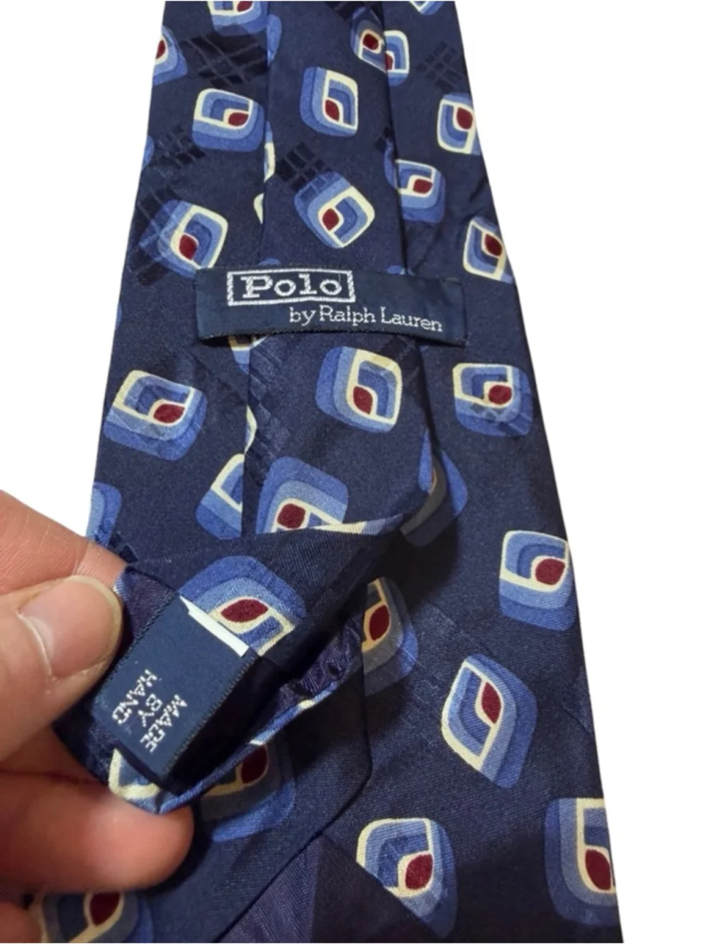 Polo Ralph Lauren Silk Tie Navy Blue Geometric Pattern Classic Necktie